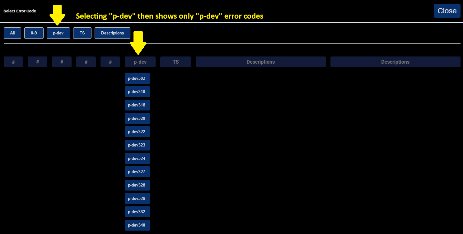 Screenshot of the error code filter category selector in TS Toolkit